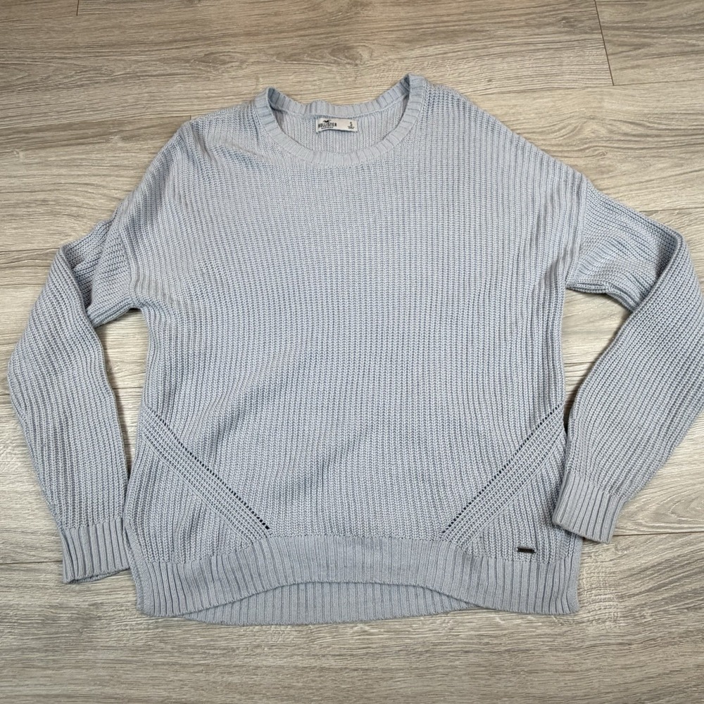Hollister‎ Light Blue Shaker Knit Crew Neck Sweater Womens Small Pointelle Slit